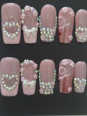Hand Crafted Pink 3D Floral Bow & Rhinestone Press-On Nails